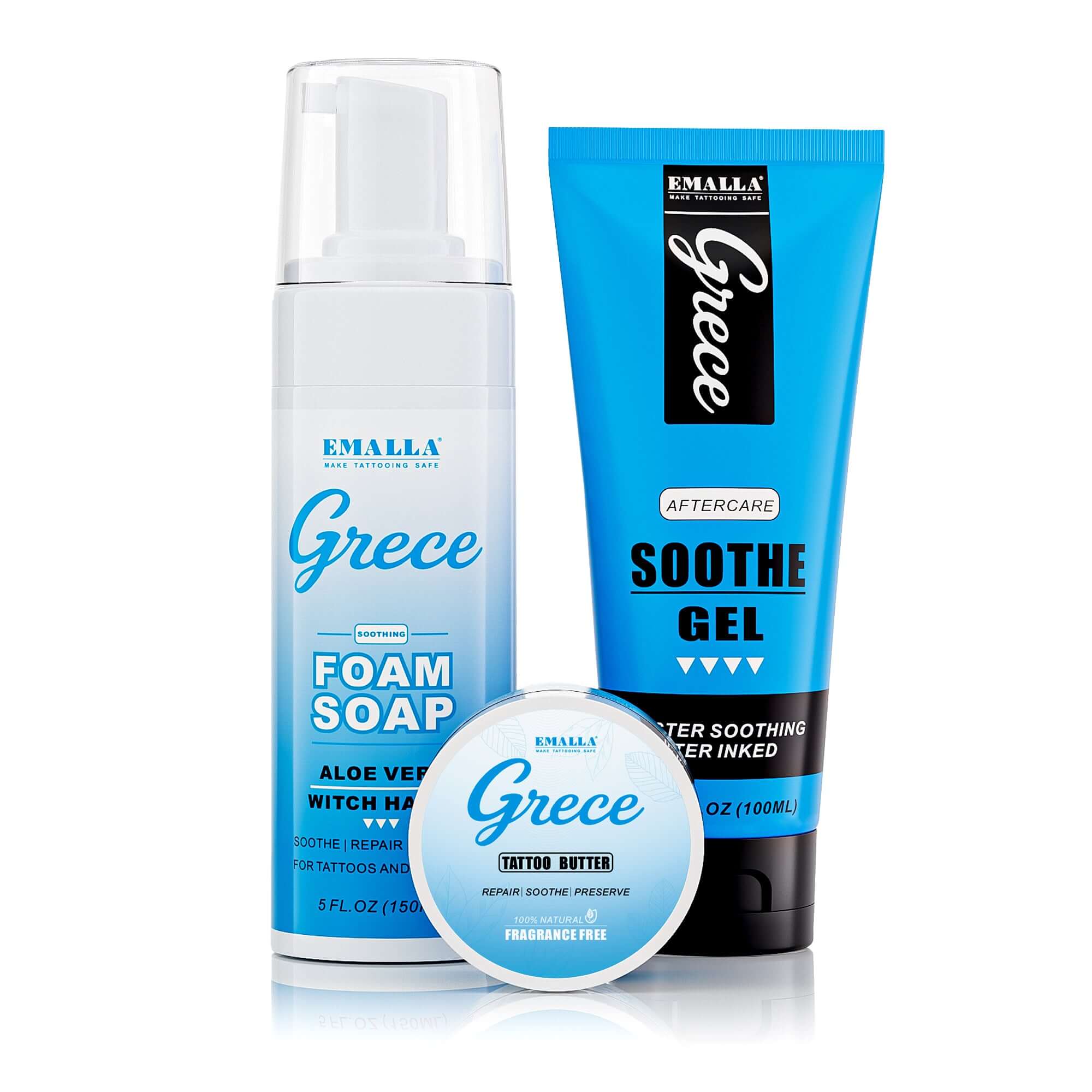 EMALLA Grece tattoo aftercare set featuring foam soap, soothe gel and tattoo butter for cleansing, soothing and moisturizing tattooed skin