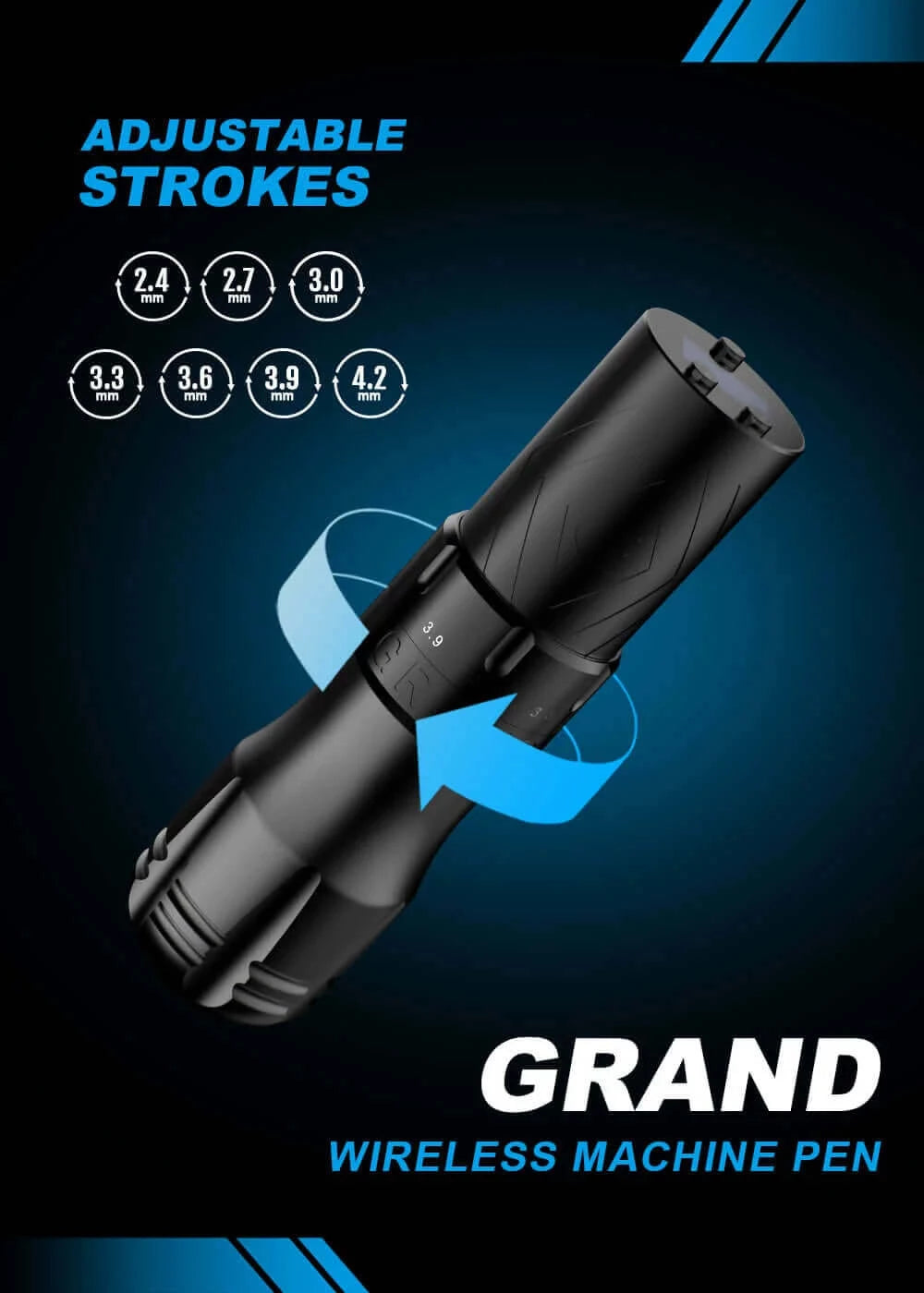 EMALLA GRAND Wireless Tattoo Pen Machine with adjustable strokes from 2.4mm to 4.2mm