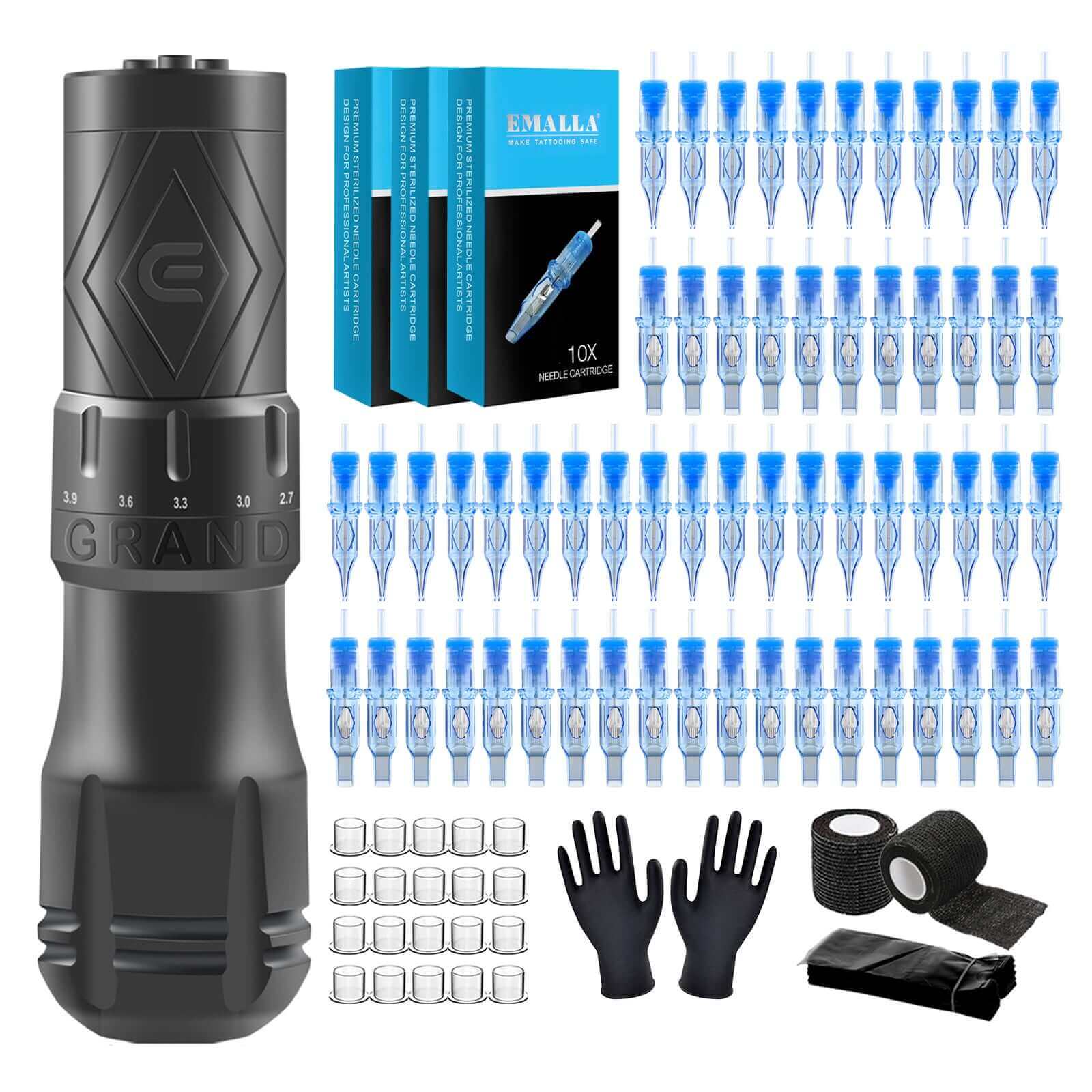 Whole products of EMALLA GRAND Wireless Tattoo Pen Machine Professional Bundle(60pcs)