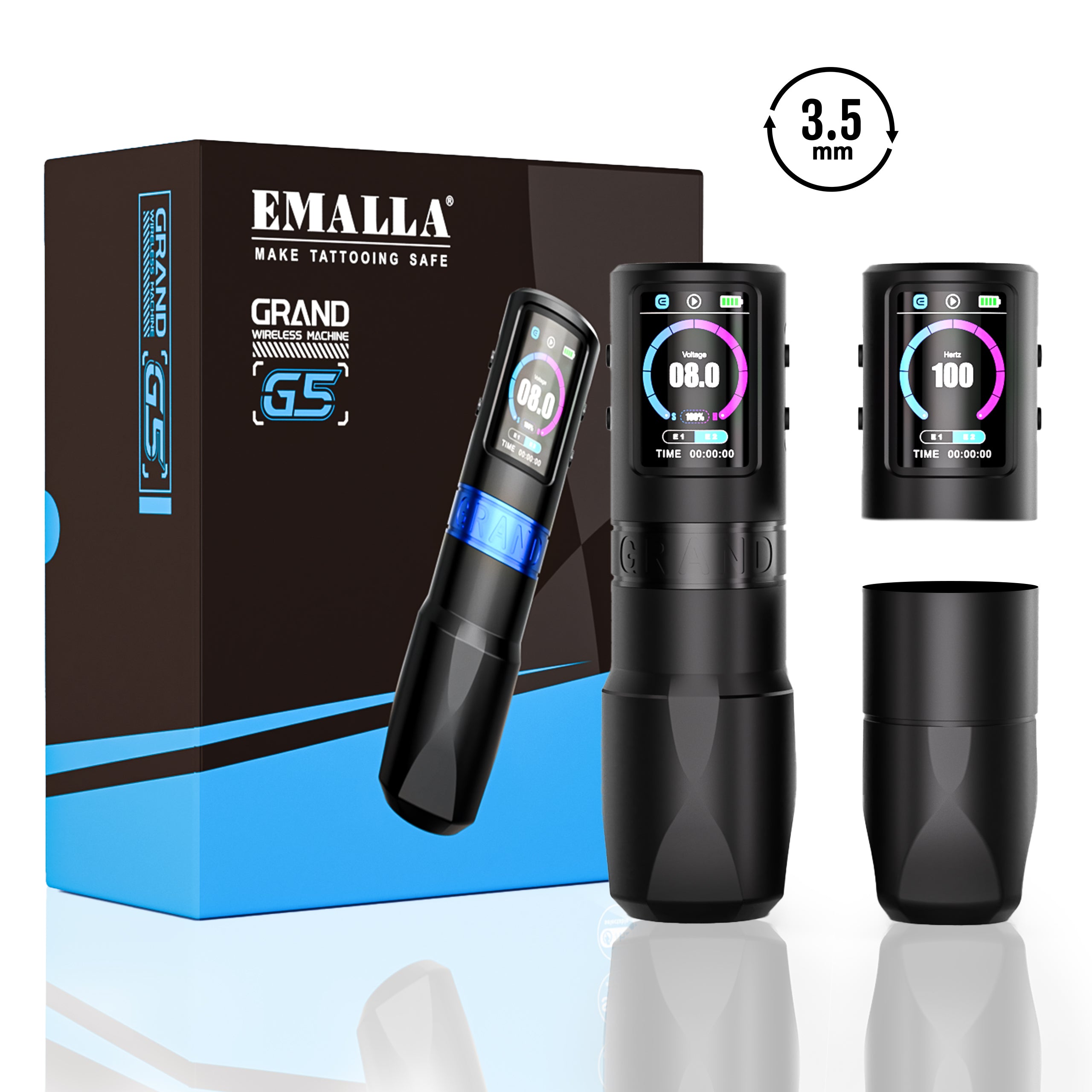 EMALLA Grand G5 wireless tattoo pen machine 3.5mm stroke with two batteries and two grips