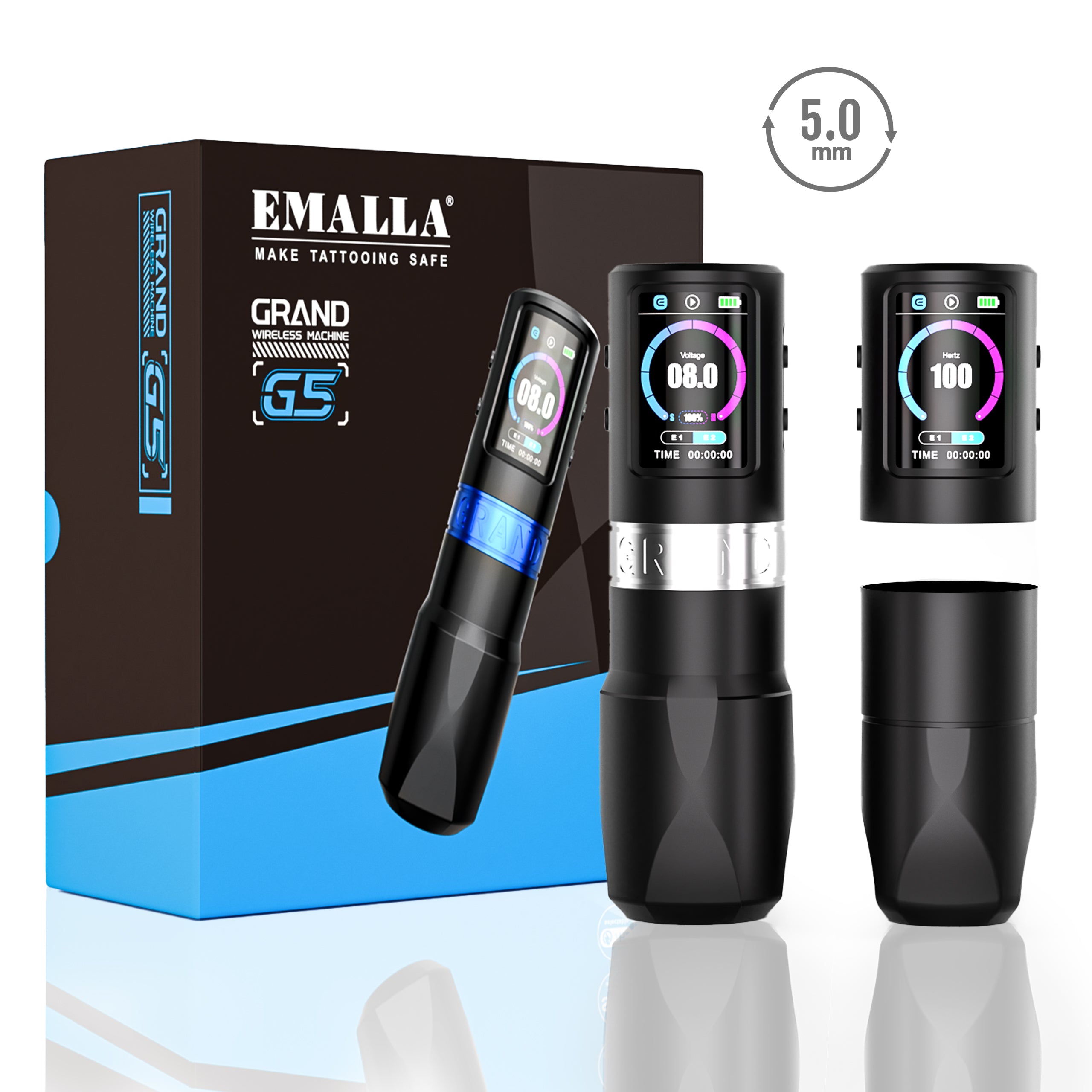 EMALLA Grand G5 wireless tattoo pen machine 5.0mm stroke with two batteries and two grips
