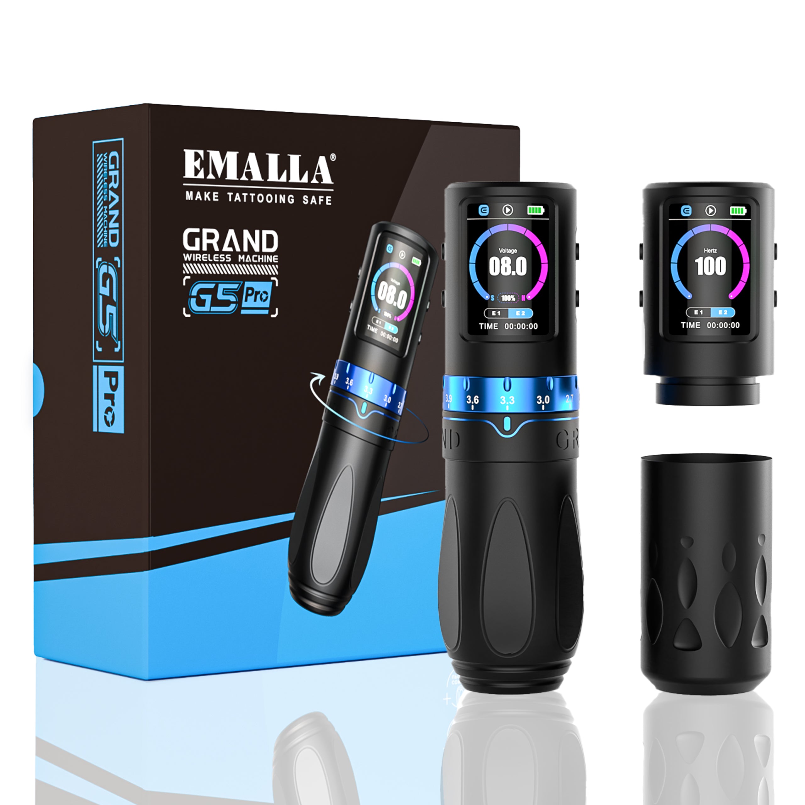 EMALLA Grand G5 Pro wireless tattoo pen machine 7 adjustable strokes with two batteries and two grips (black)