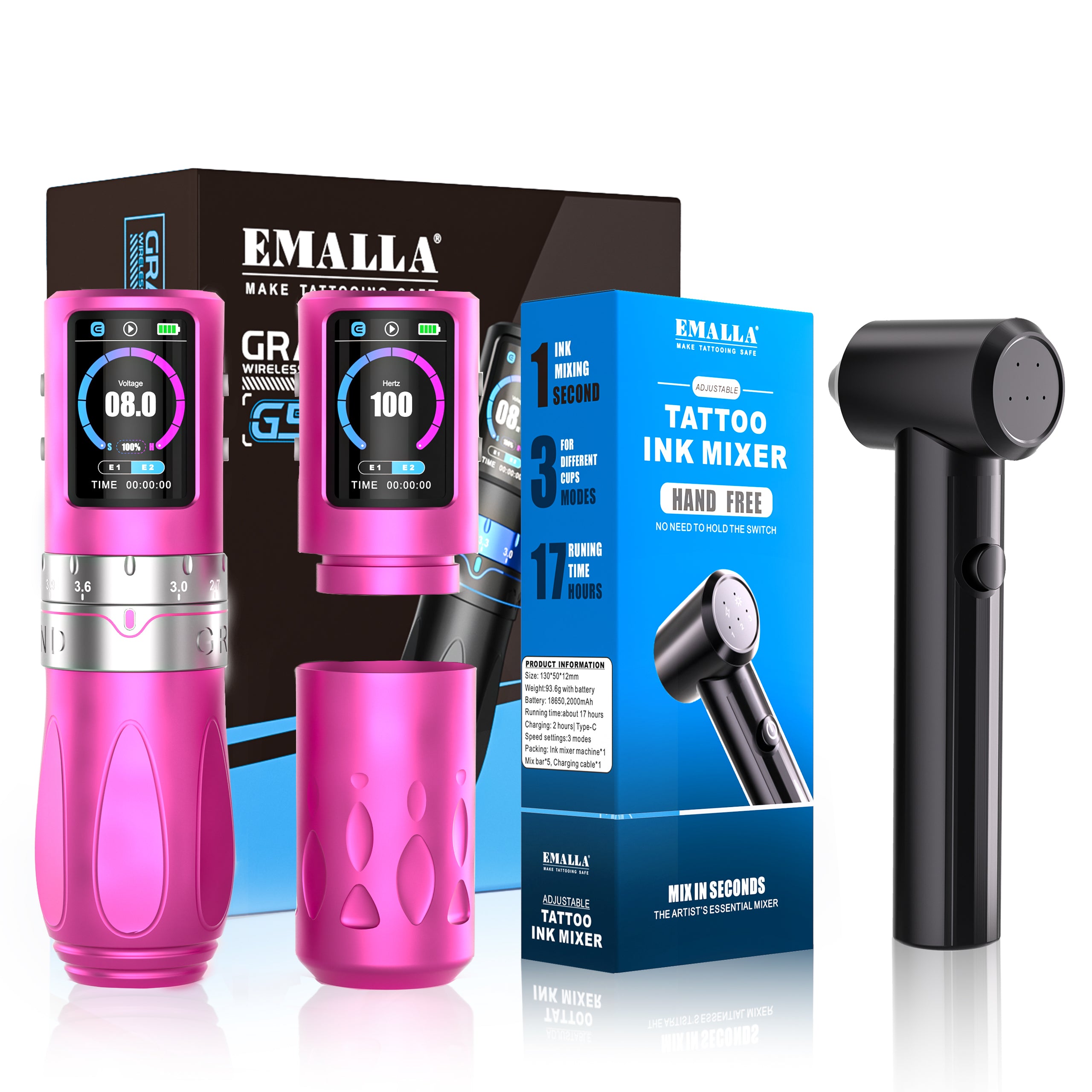 Front view of the EMALLA Grand G5 Pro (Pink) + Ink Mixer combo set.