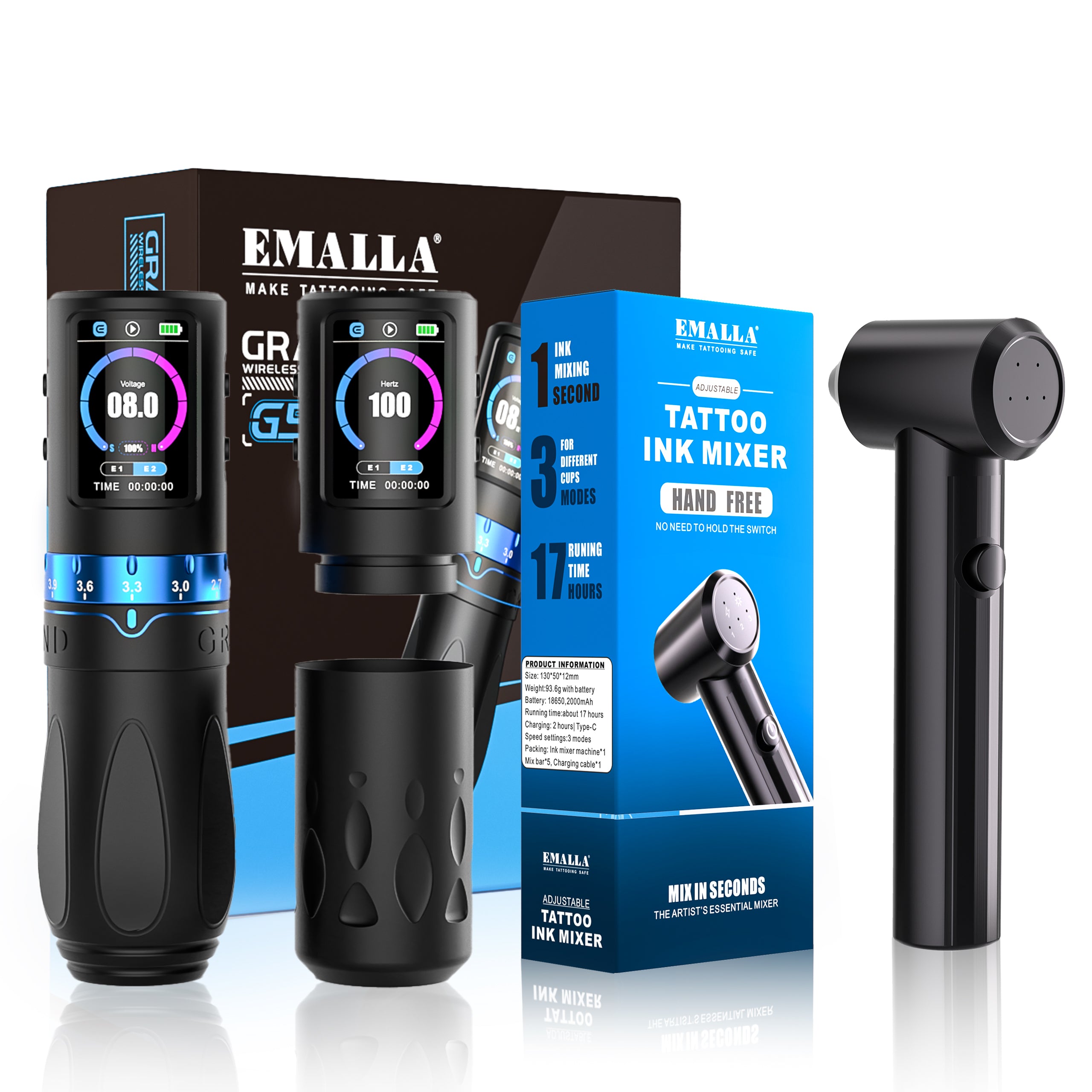 Front view of the EMALLA Grand G5 Pro (Black) + Ink Mixer combo set