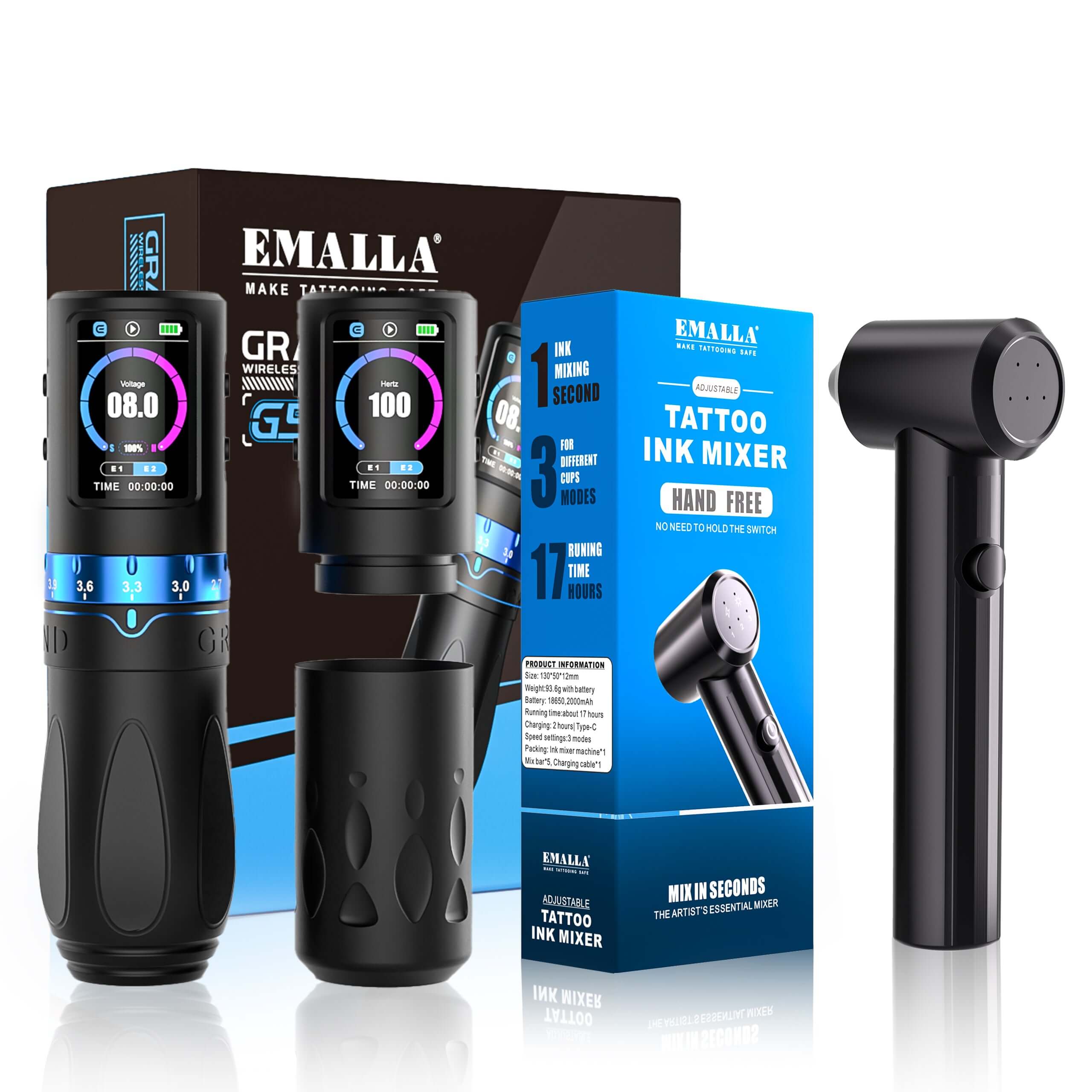 Front view of the EMALLA Grand G5 Pro (Black) + Ink Mixer combo set