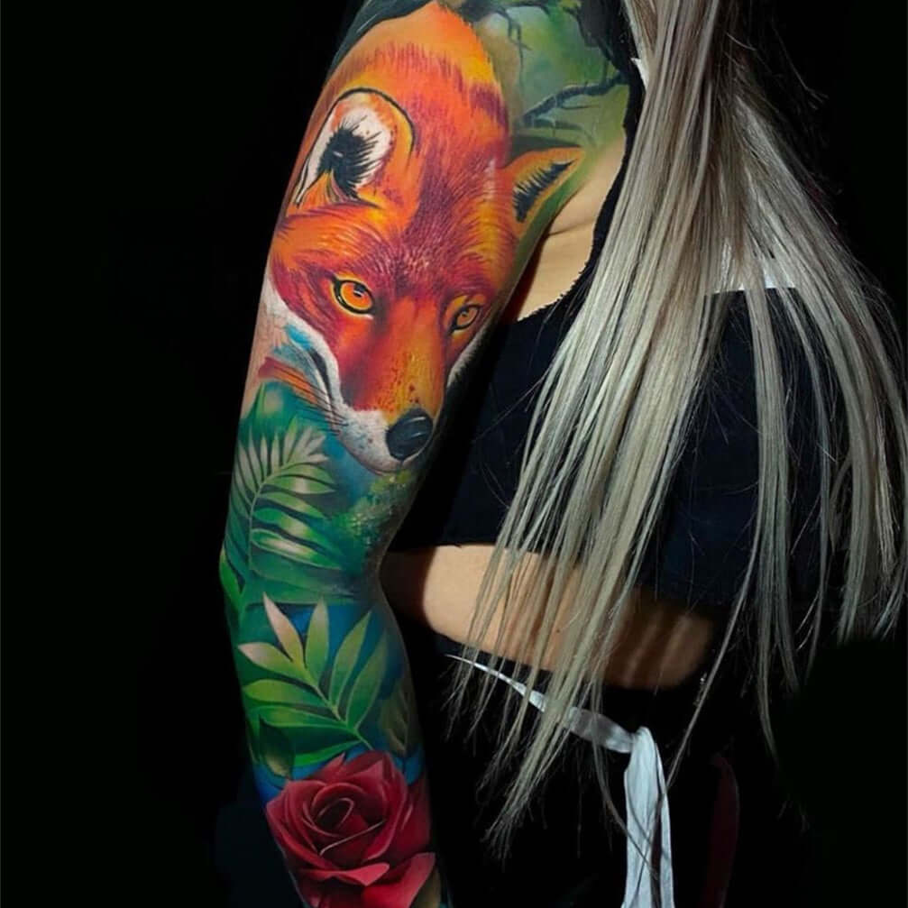 Tattoo sleeve art piece of fox and plants with Emalla Eliot Cartridge Needles