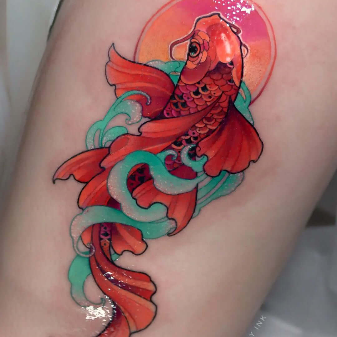 Red carp tattoo on skin with Emalla Eliot Cartridge Needles