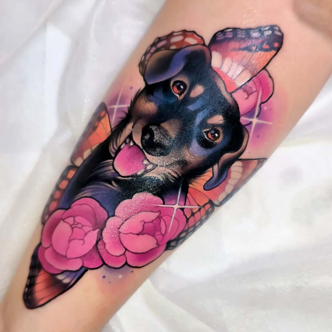 Tattoo of pet dog around with butterflies and flowers with Emalla Eliot Cartridge Needles