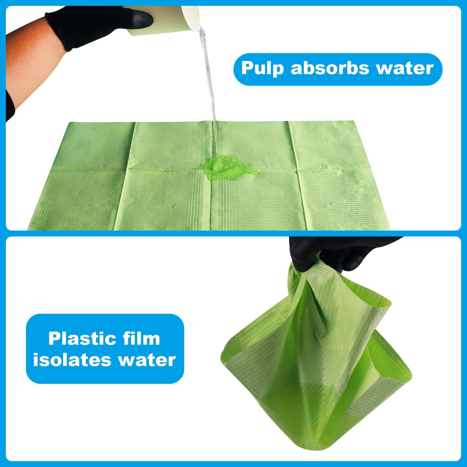 Pulp absorbs water and plastic film isolates water in EMALLA Disposable Dental Bibs.