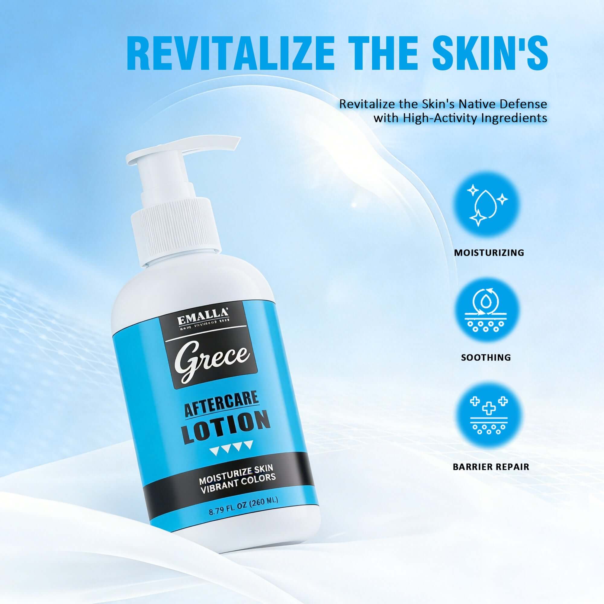 EMALLA Grece tattoo aftercare lotion with moisturizing, soothing and skin barrier repair benefits for tattoo healing