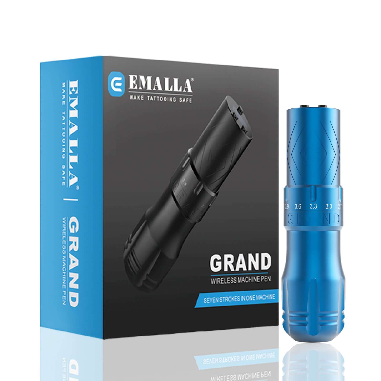 EMALLA Grand G3 Wireless Tattoo Pen Machine (Blue) from front view