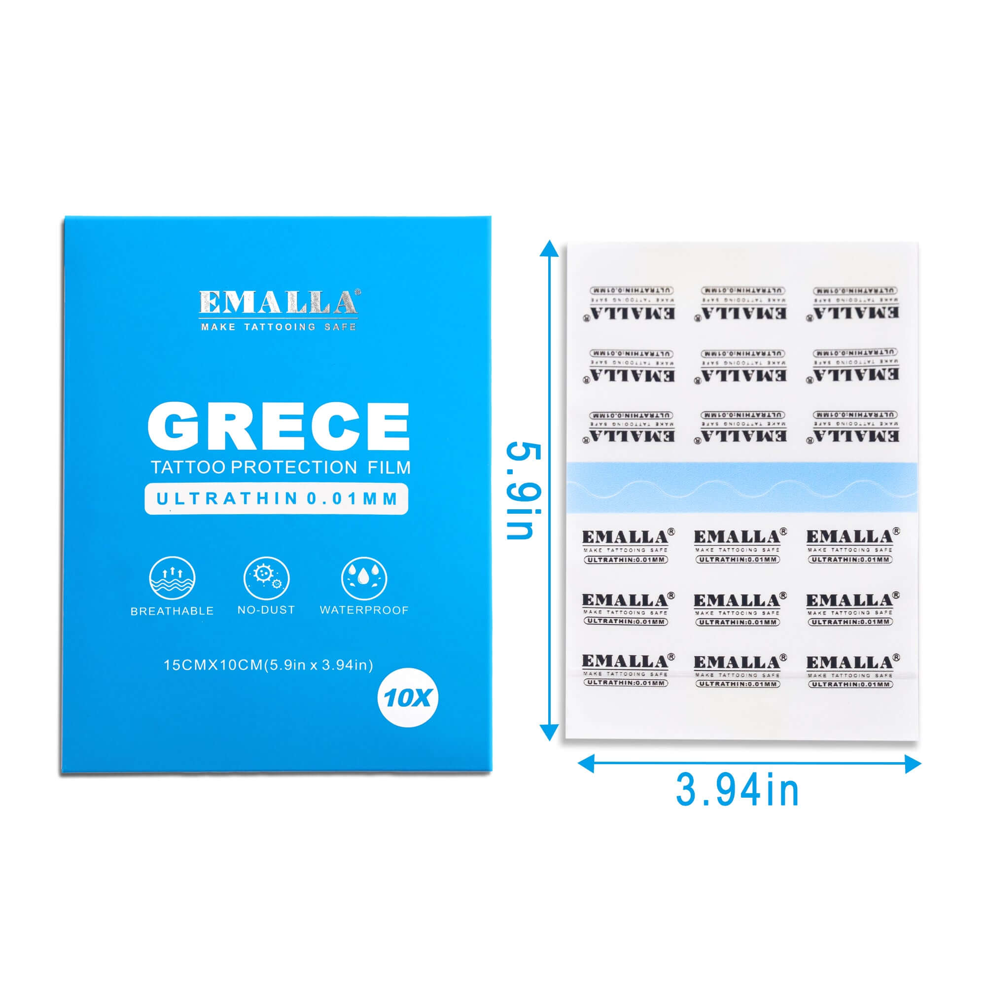 Dimension of EMALLA Grece 0.01mm Tattoo Protection Film Pack from front view