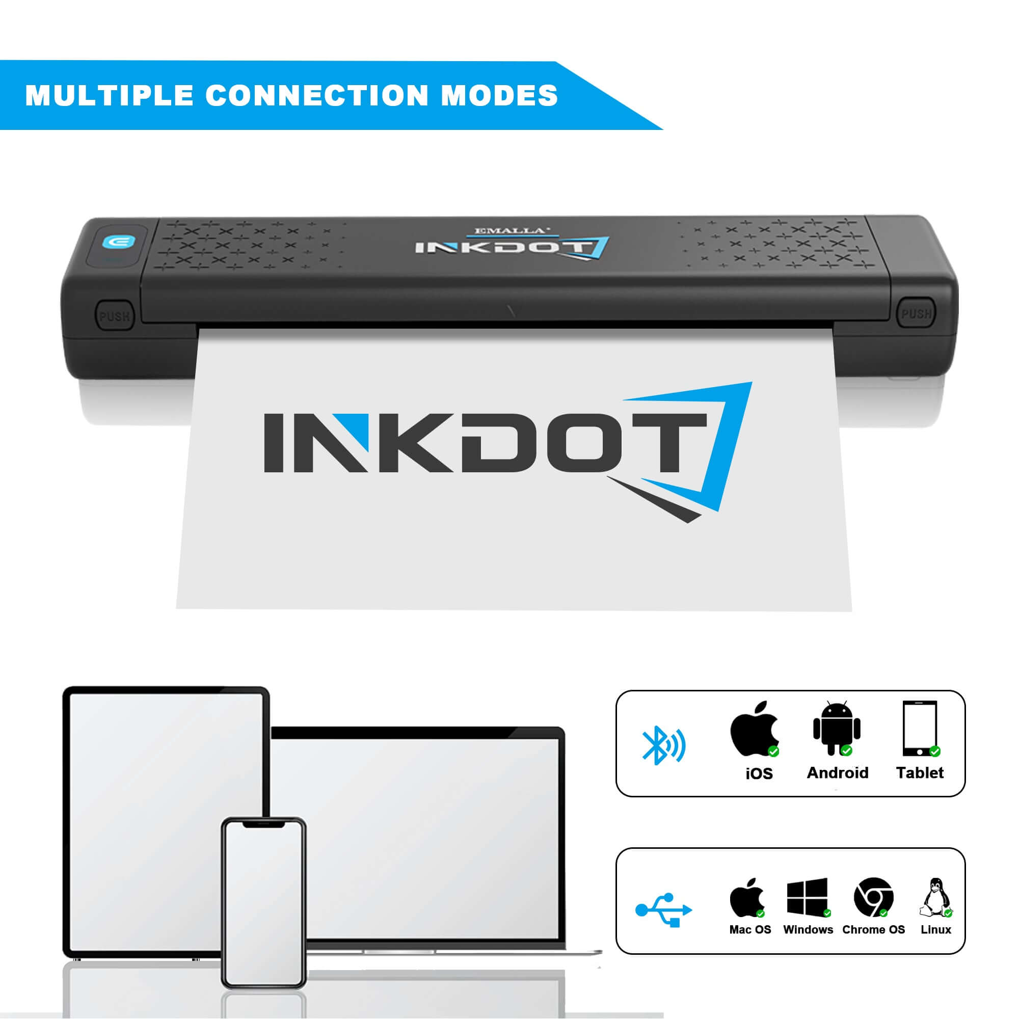 Multiple Connection Modes of EMALLA INKDOT Wireless Thermal Printer