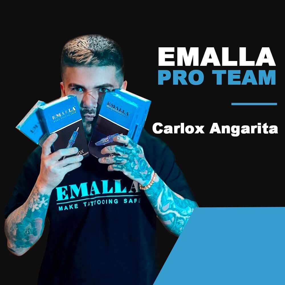 Emalla proteam tattoo artist Carlox Angarita shows Emalla Eliot Cartridge Needles
