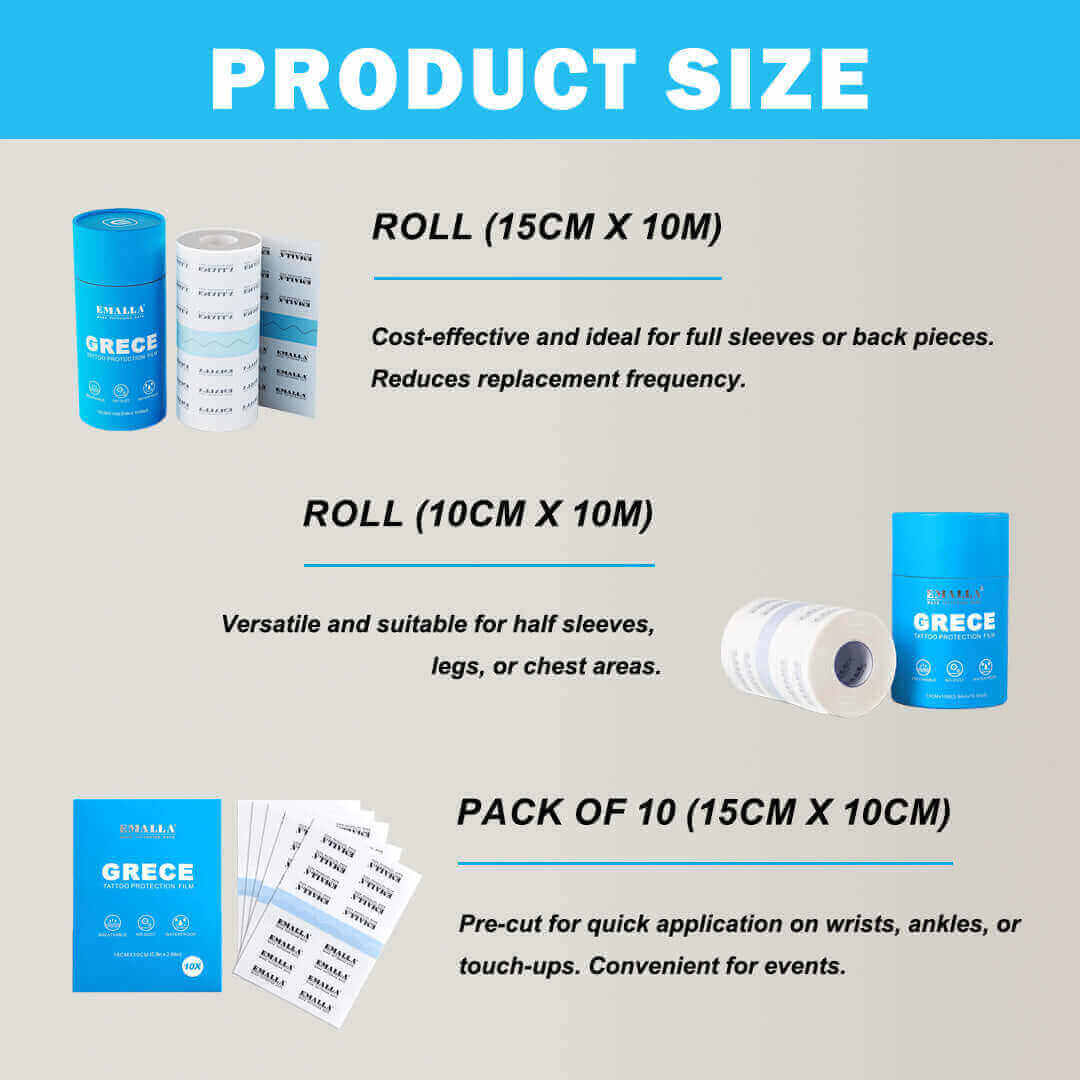 Product Size comparison of three types of EMALLA Grece Tattoo Protection Film