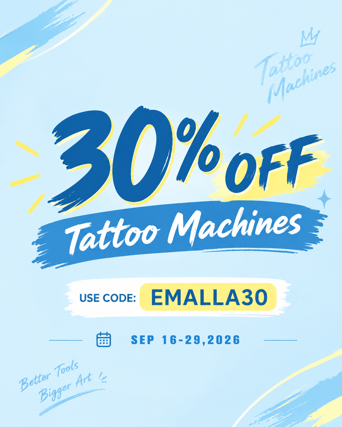 EMALLA tattoo machine sale featuring 30% off tattoo machines with code EMALLA30, September 16–29, 2026.