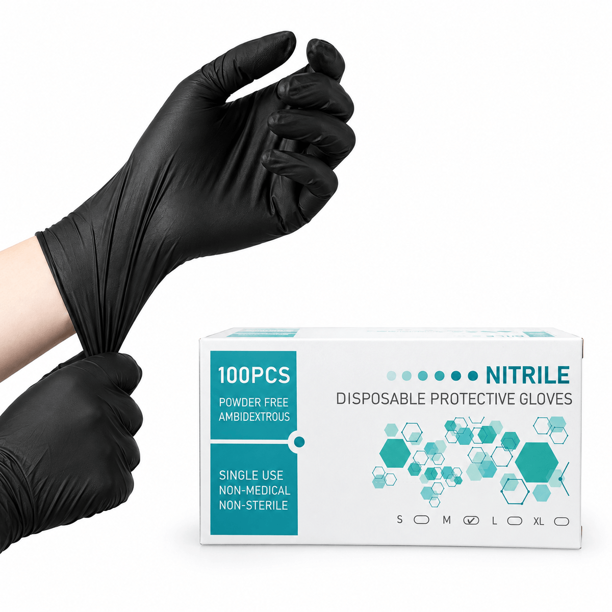 EMALLA Disposable Nitrile Gloves in a box with black disposable gloves being stretched, powder-free and single-use protective gloves.