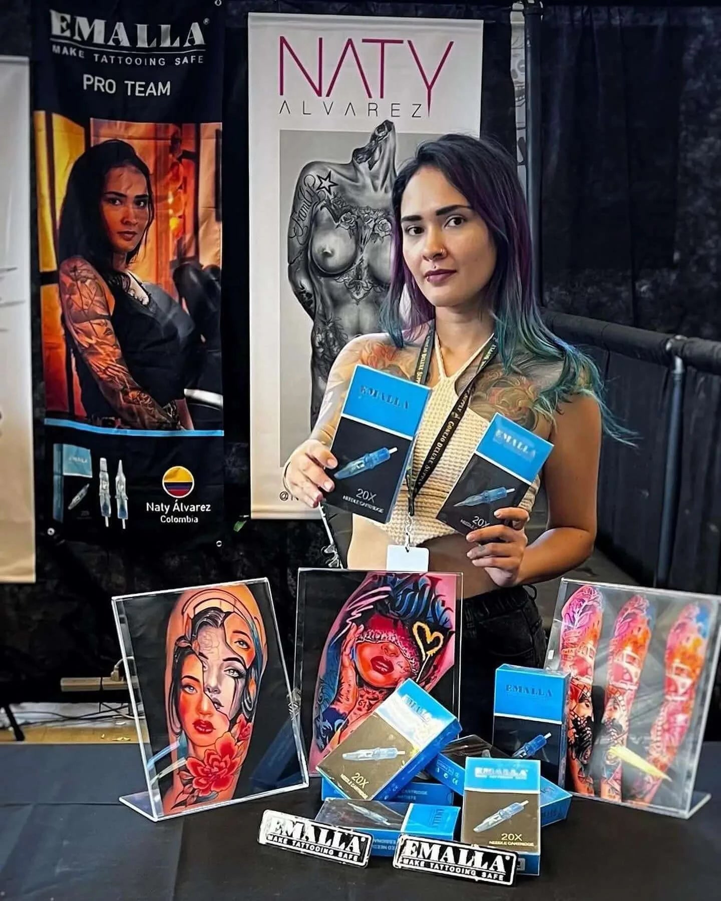 EMALLA-sponsored artist Naty Alvarez from Colombia poses with EMALLA cartridge needles