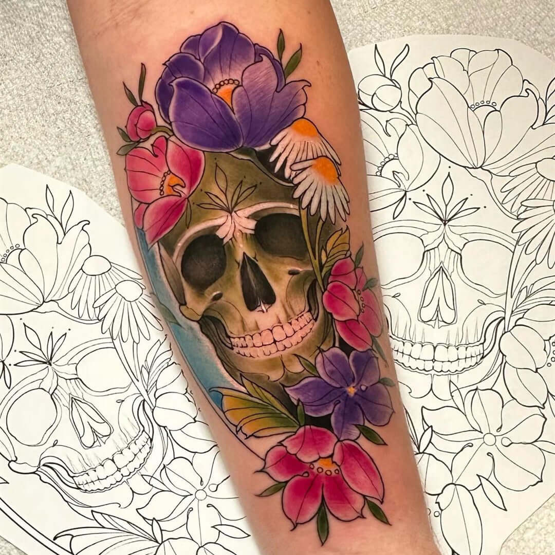 Neotraditional skull and flowers tattoo by Emalla Eliot Cartridge Needles