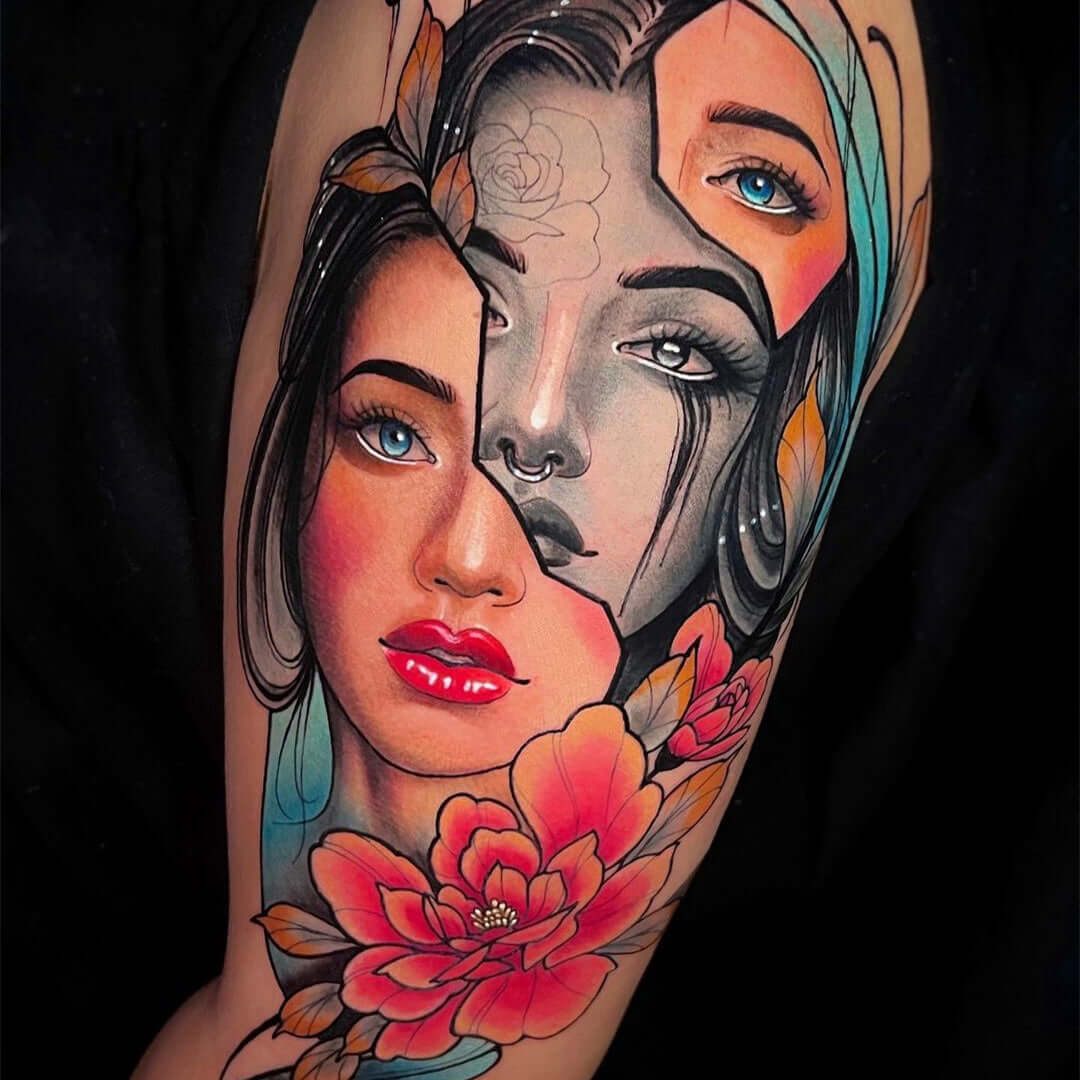 Full color tattoo of woman with a broken mask with Emalla Eliot Cartridge Needles