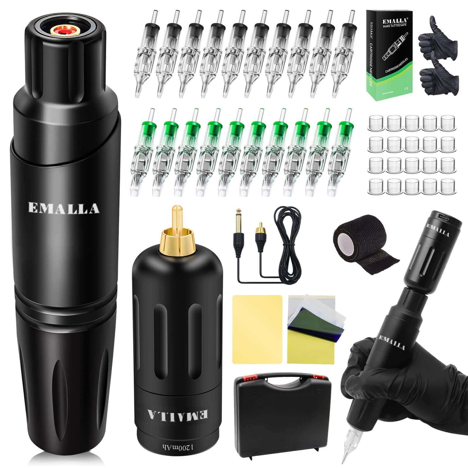Components of Tattoo Pen Kit - EMALLA Rotary Tattoo Machine With Power Supply For Beginners