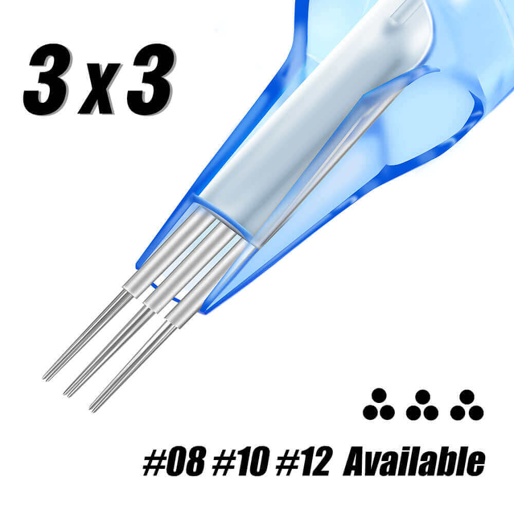 Details of cartridge needle tips of EMALLA ELIOT Tattoo Cartridge Needles Special 3×3 Stipple Liner in different diameters