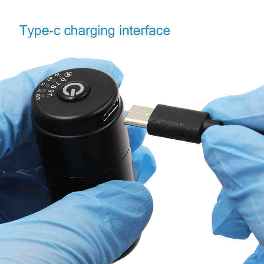 Type-c charging interface of EMALLA Wireless Tattoo Battery Power Supply RCA Connect (1200mAh) being used