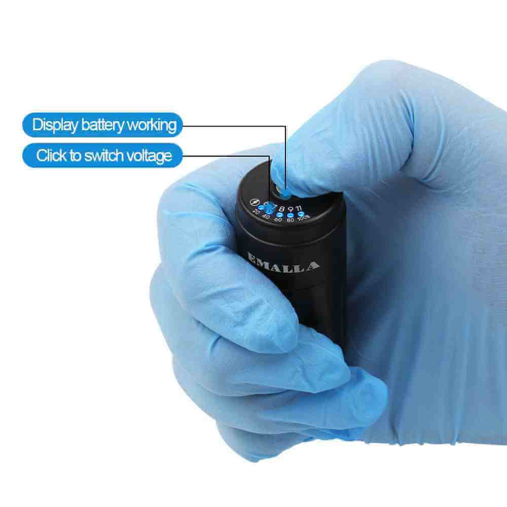 Display battery working and voltage switch of EMALLA Wireless Tattoo Battery Power Supply RCA Connect (1200mAh)