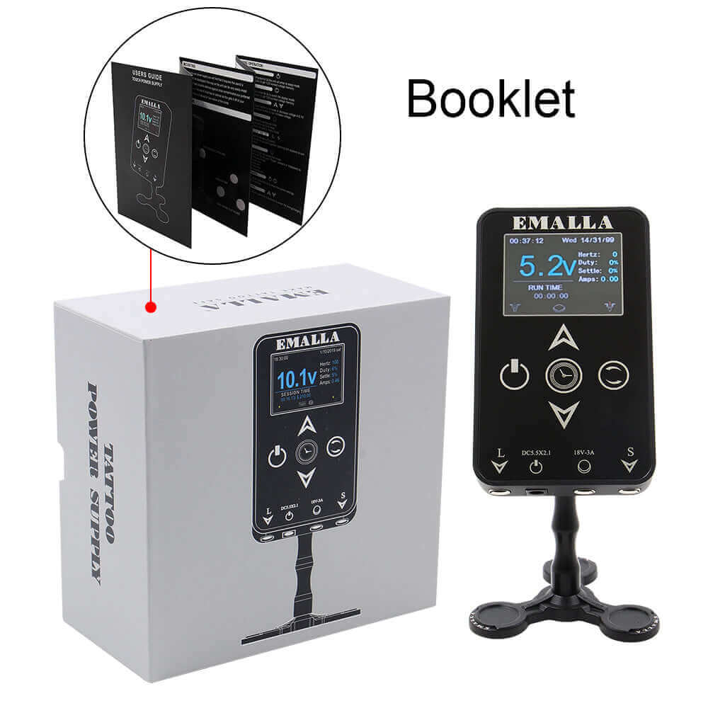 Details of package of EMALLA SOVER Touch Tattoo Power Supply from front view