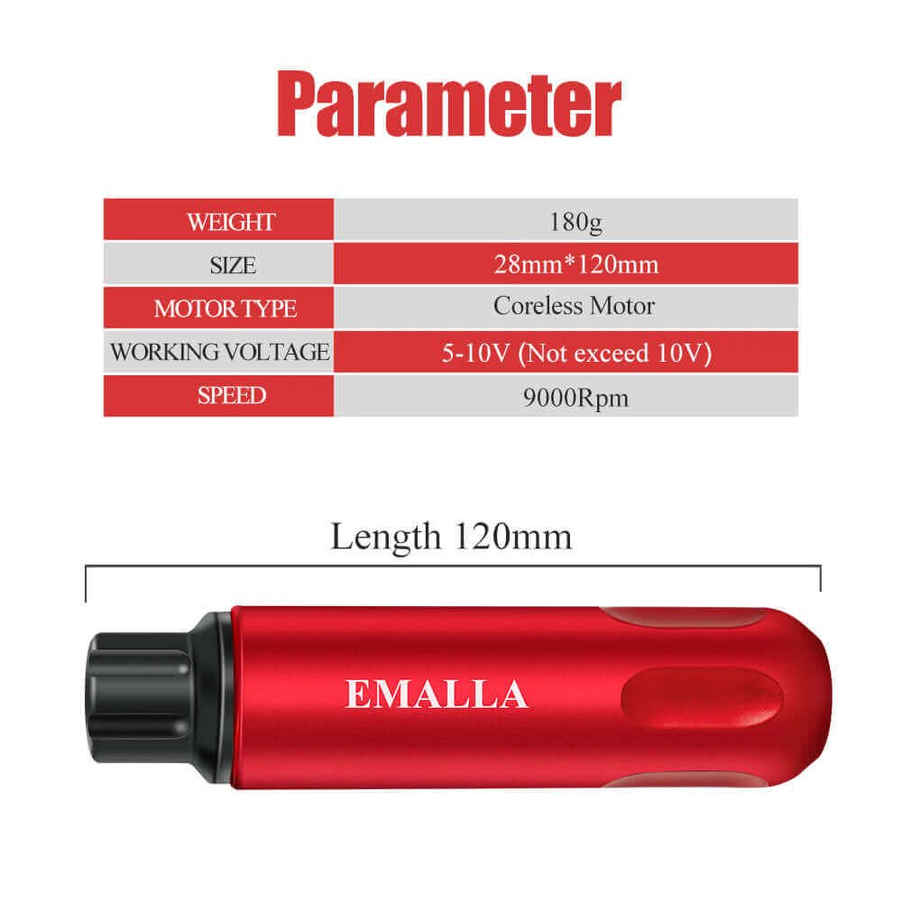 Specific parameter of EMALLA FANT Tattoo Pen Rotary Machine and its side view