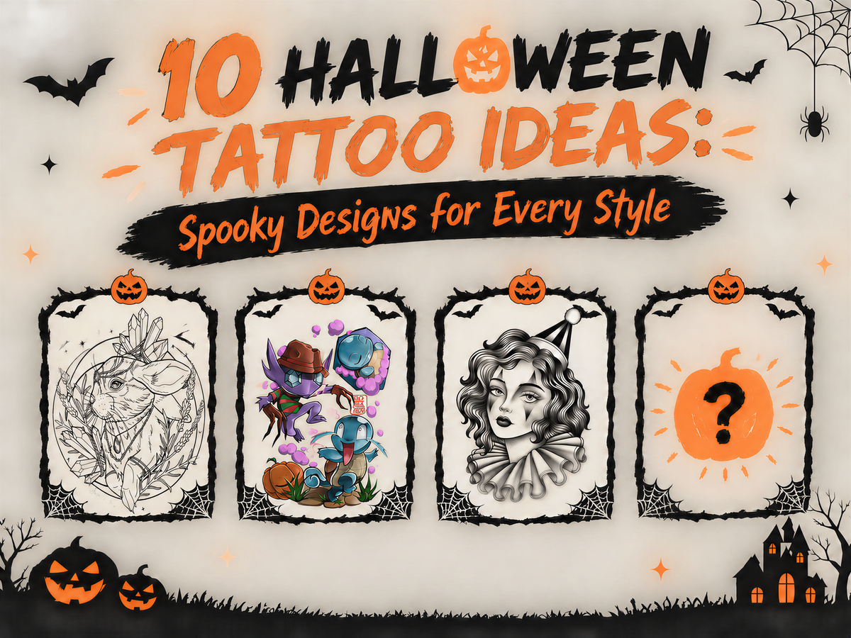 10 Halloween tattoo ideas featuring spooky designs for every style with illustrated tattoo concepts.