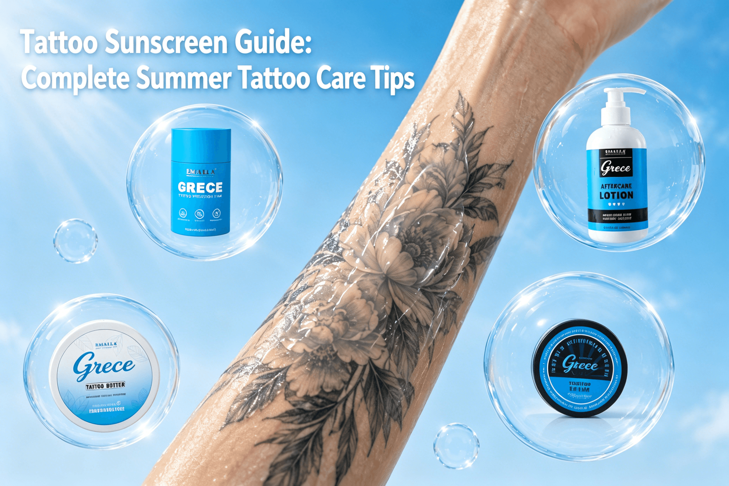 Tattoo Sunscreen Guide: Products for summer tattoo care and protection on a beautifully inked arm.