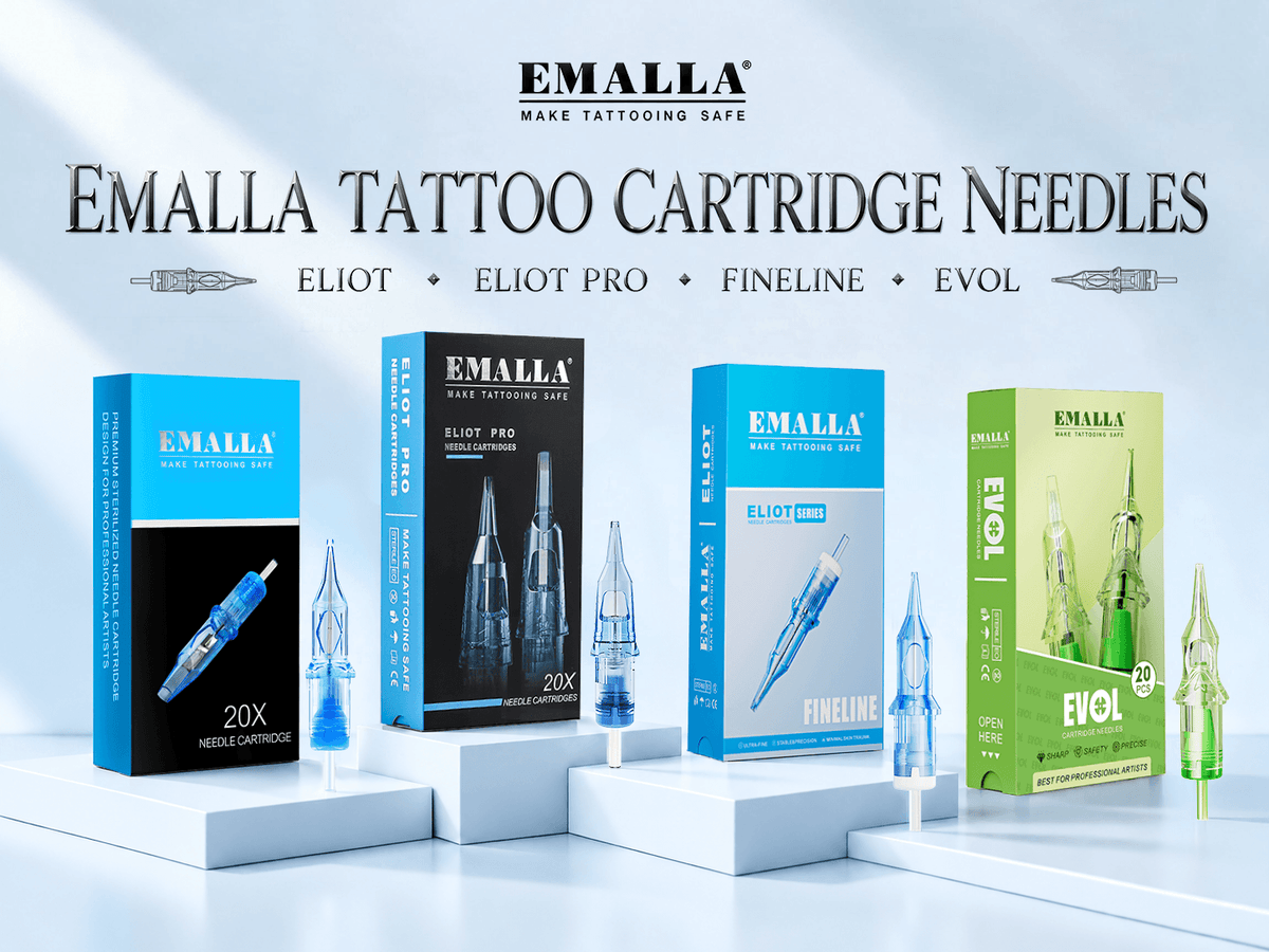 EMALLA Tattoo Needle Guide featuring Eliot, Eliot Pro, Fineline, and Evol cartridge needles.