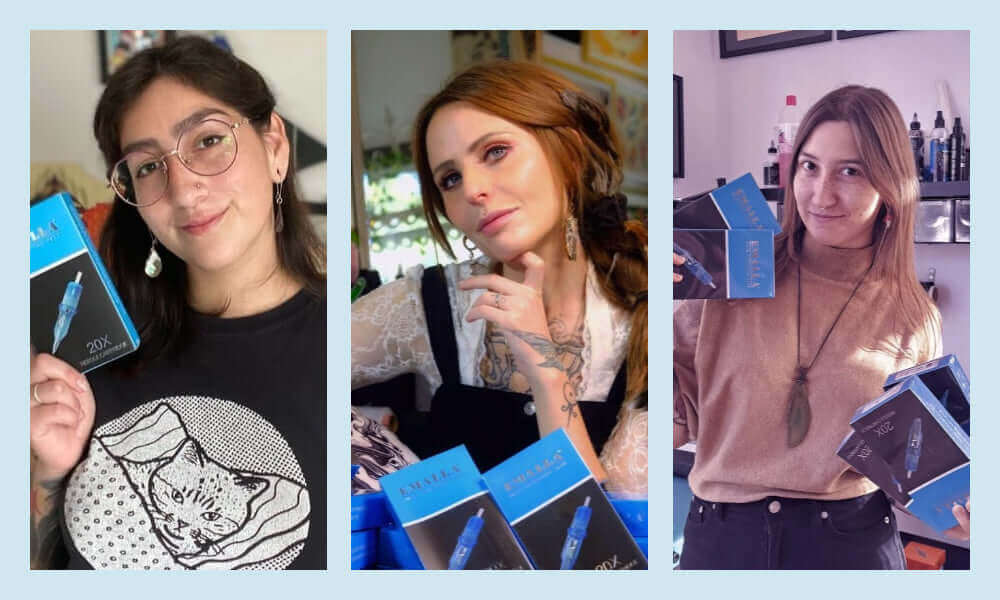 Three Emalla sponsored female tattoo artists with Emalla products they use