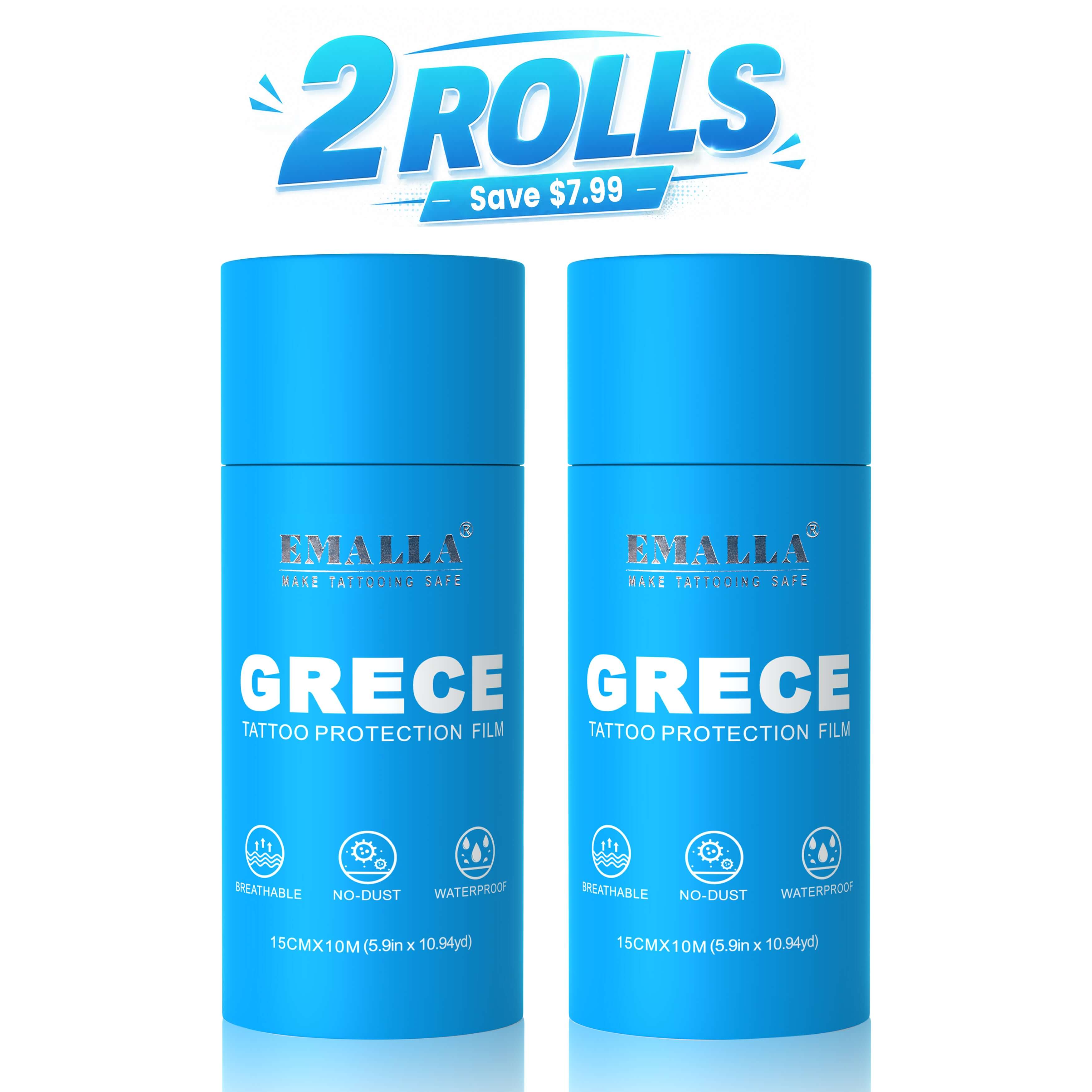 EMALLA GRECE tattoo protection film 2-roll pack, breathable waterproof tattoo aftercare bandage, 0.02mm, 15cm × 10m