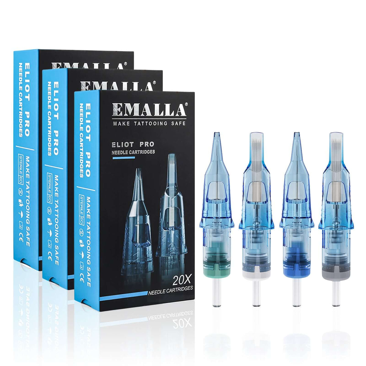 Package of EMALLA ELIOT PRO Tattoo Cartridge Needles Mixed Sizes from front view