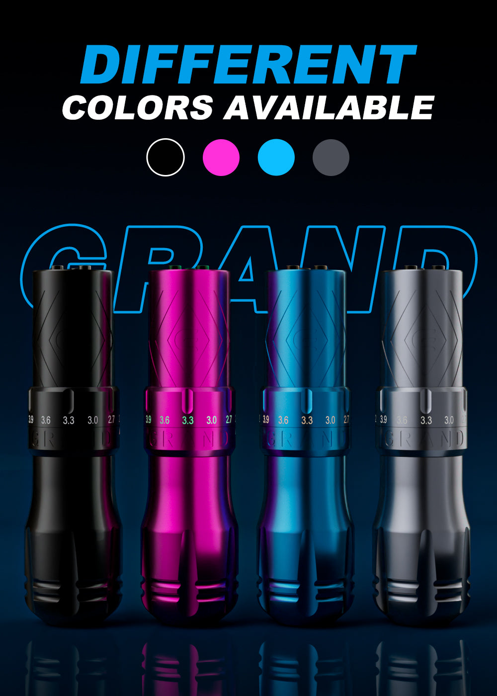 Four different colors available in EMALLA GRAND Wireless Tattoo Pen Machine