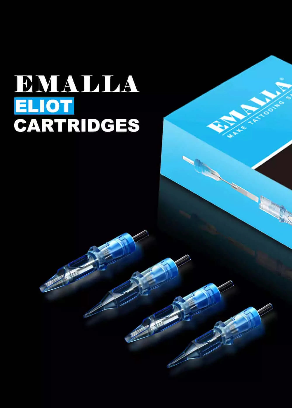 Details of needle tips of four EMALLA ELIOT Cartridges with safe PC material and stainless steel