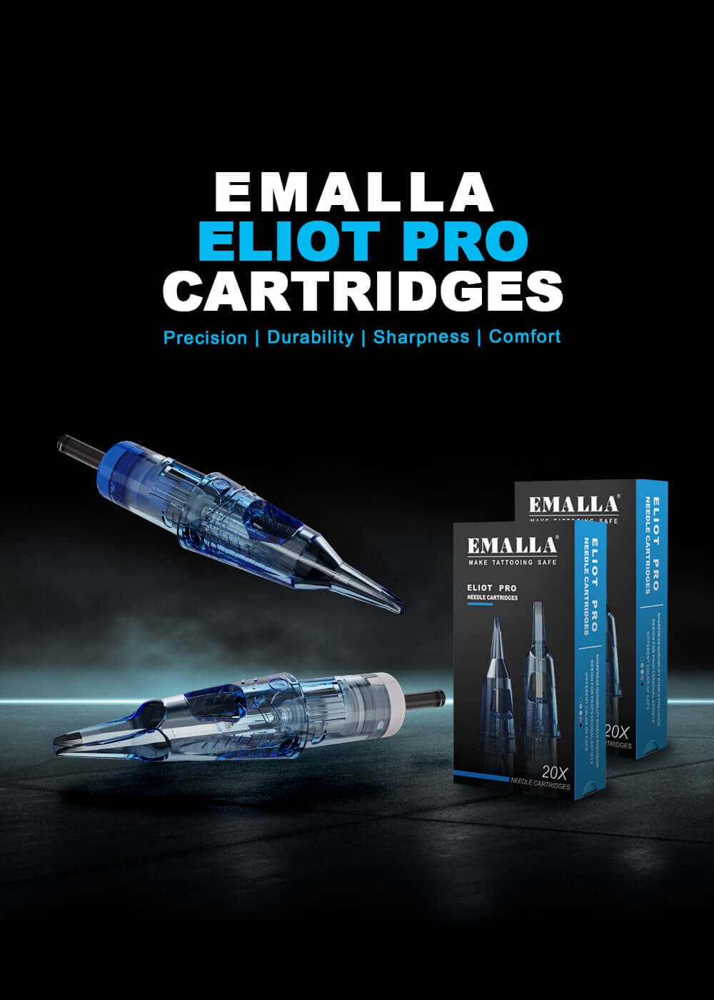 Promotional Image of EMALLA ELIOT PRO Tattoo Cartridges with precision, durability, sharpness and comfort