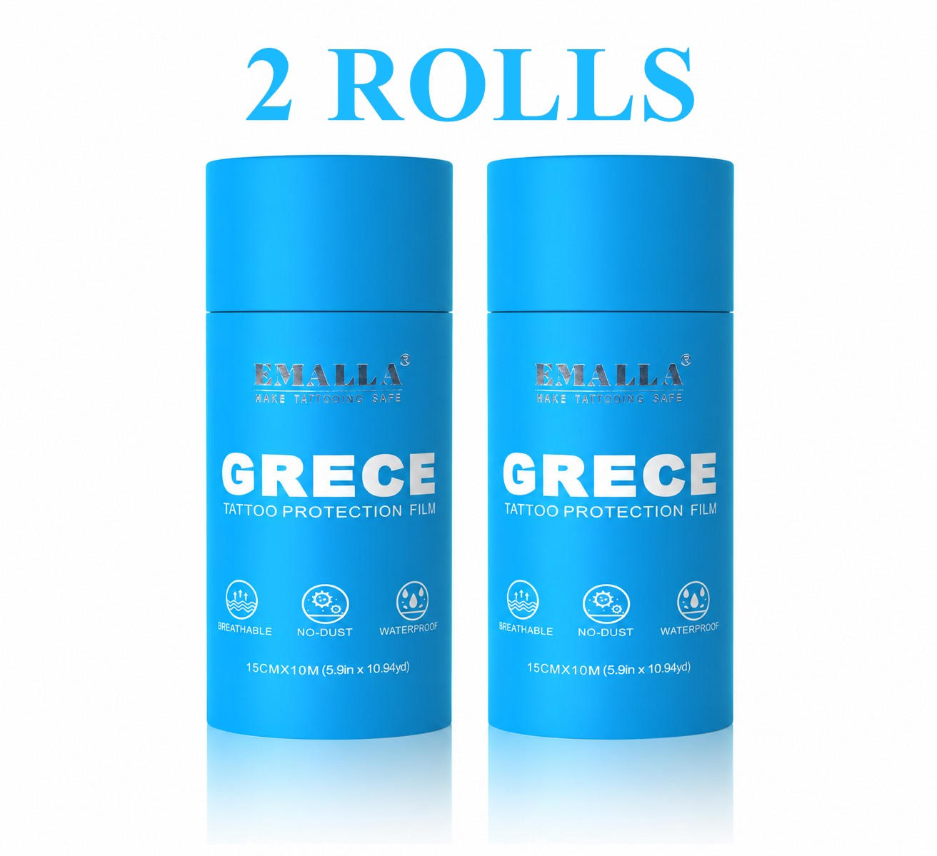 Front view of two rolls of EMALLA Grece protective film (15 cm × 10 m each)
