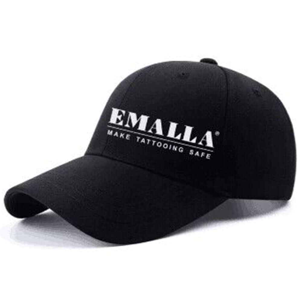 EMALLA Black Peaked Baseball Cap from front view