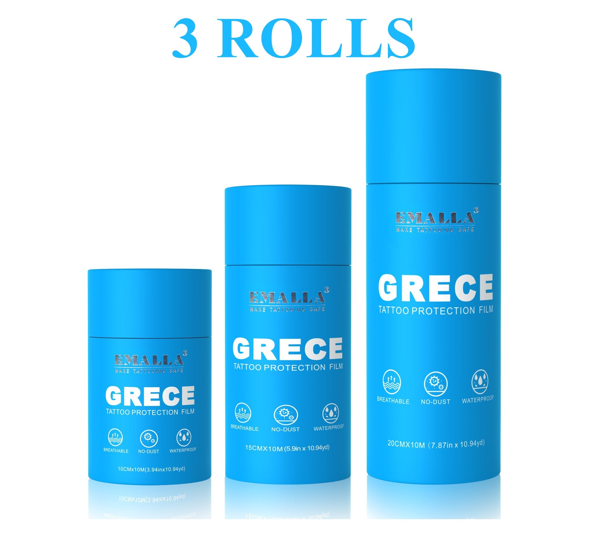 Front view of three rolls of EMALLA Grece protective film (one roll each: 10 cm × 10 m, 15 cm × 10 m, and 20 cm × 10 m)