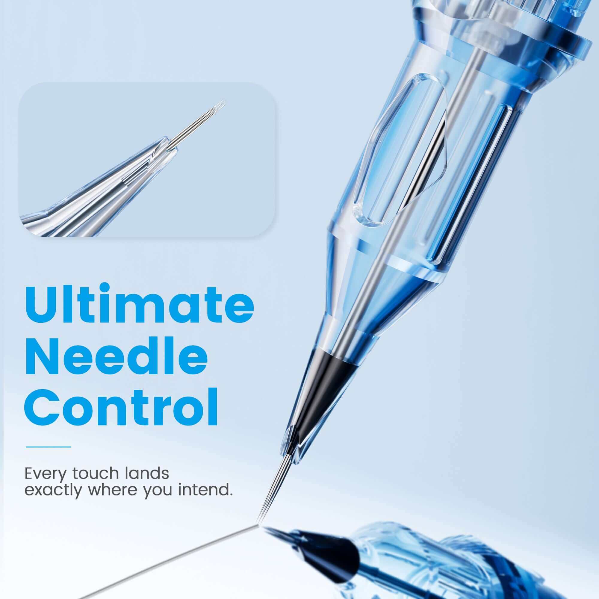 Close-up of EMALLA Eliot Fineline Tattoo Cartridge Needles  
designed for ultimate needle control and accurate, detailed tattooing