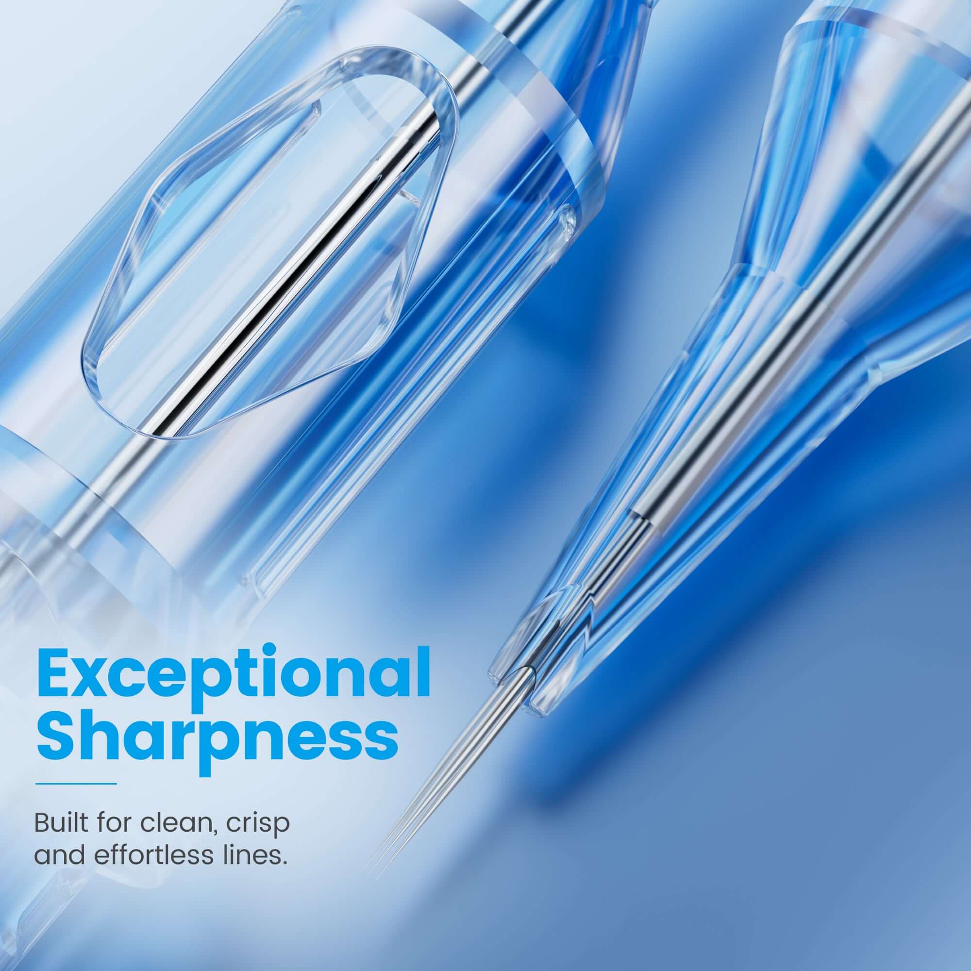 Close-up of EMALLA Eliot Fineline Tattoo Cartridge Needles with exceptional sharpness for clean, crisp, and effortless tattoo lines