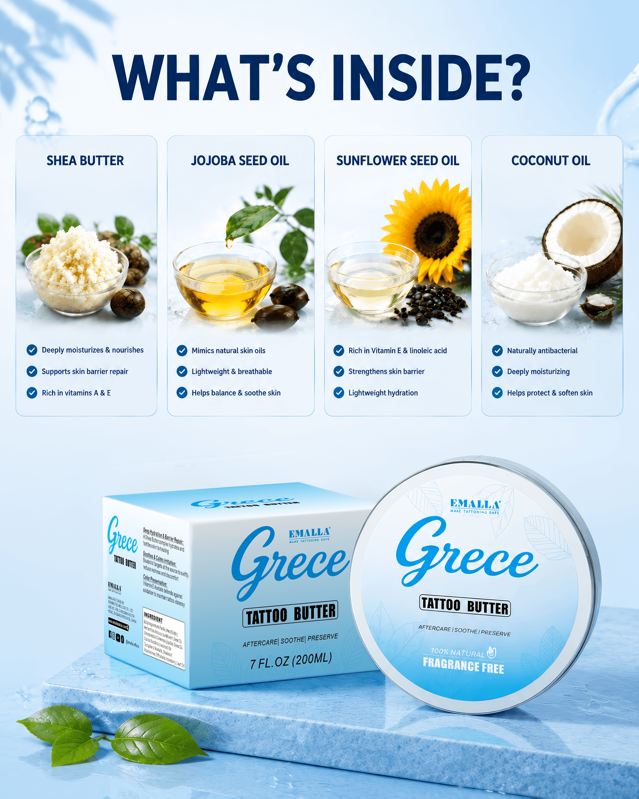 EMALLA Grece Tattoo Butter ingredients and benefits featuring shea butter, jojoba seed oil, sunflower seed oil, and coconut oil for moisturizing, soothing, and tattoo skin care