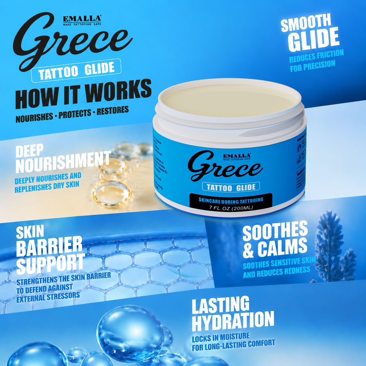 EMALLA Grece Tattoo Glide for skin nourishment, barrier protection, soothing sensitive skin and long-lasting hydration during tattoo procedures