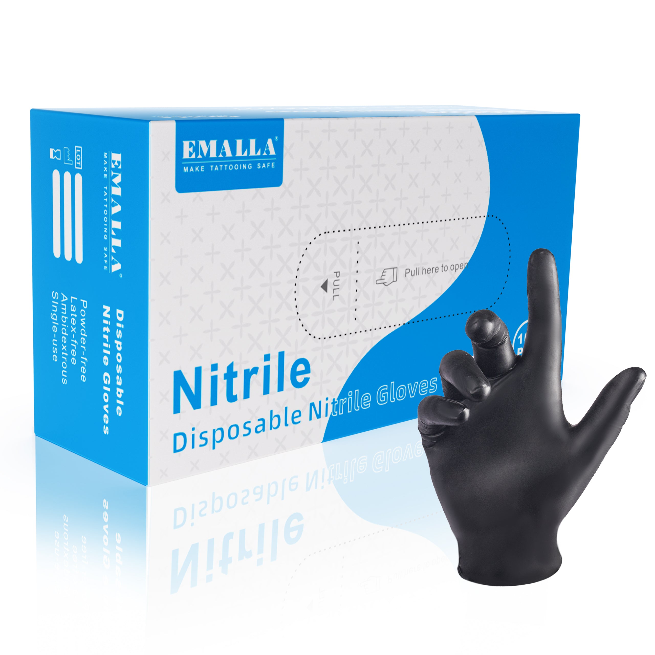 Package and  sample of EMALLA Disposable Nitrile Gloves