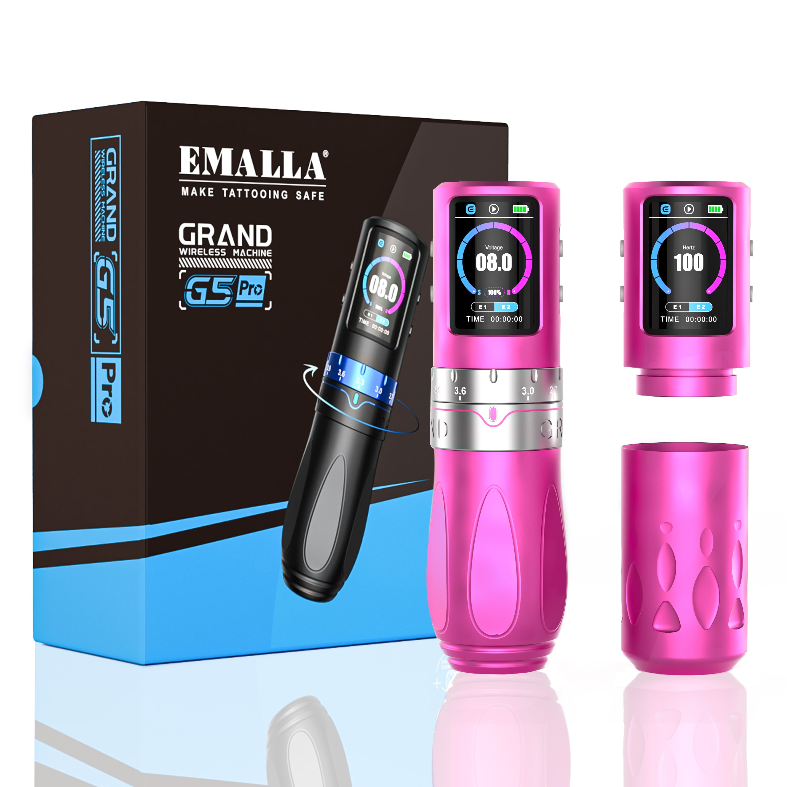 EMALLA Grand G5 Pro wireless tattoo pen machine 7 adjustable strokes with  two batteries and two grips (pink)