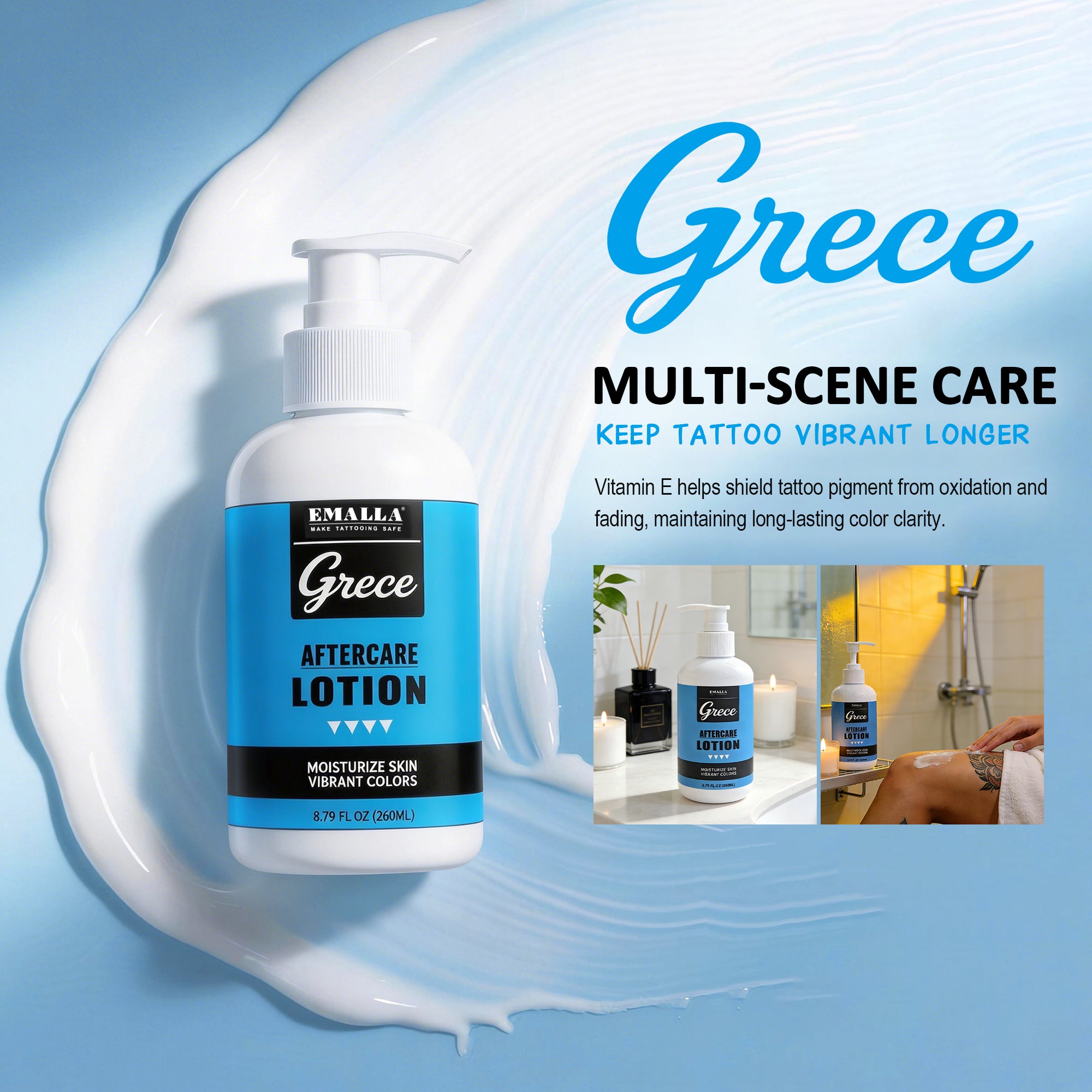 EMALLA Grece Daily Aftercare Lotion: Vitamin E helps keep tattoos vibrant for longer