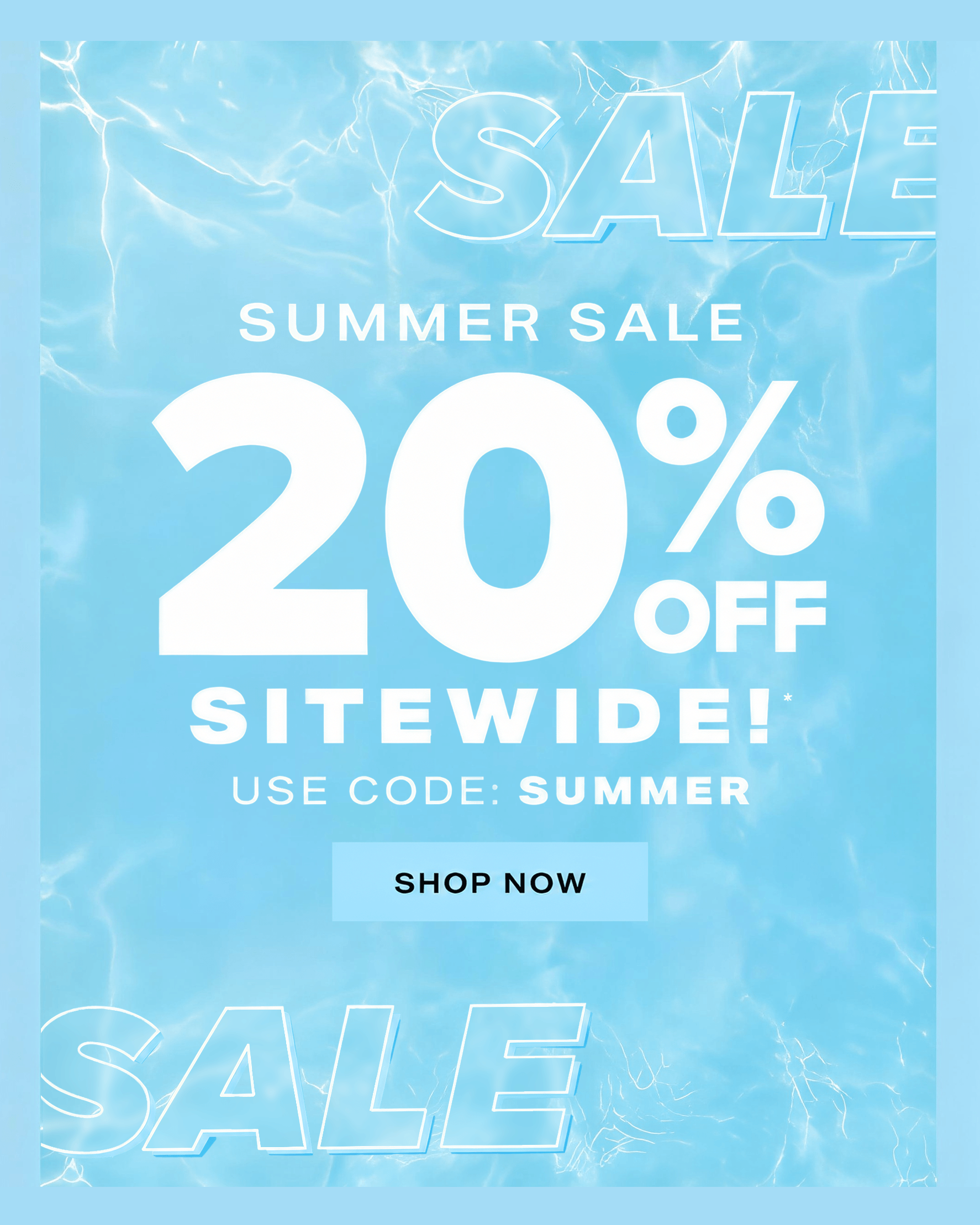 EMALLA Summer Sale 20% off sitewide promotion banner with blue marble background and discount code SUMMER